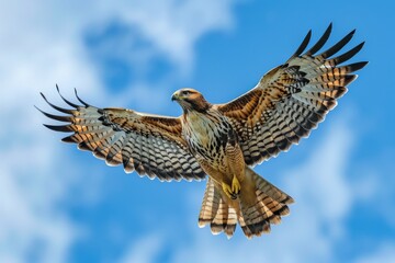 A Red tailed hawk going in for the kill, A Cooper's Hawk ,Accipiter cooperii,visits a backyard garden, hawk in flight against a clear blue sky, sharp focus on its spreading wings, embodying 