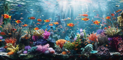 Vibrant coral reef teeming with colorful fish 