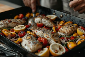 Chef preparing grilled fish fillet with butter lemon or cajun sauce, seafood dish cooking