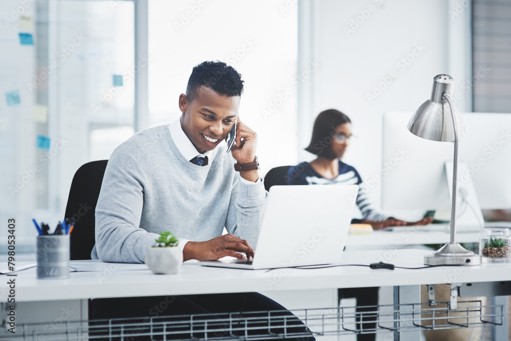 Aufkleber business man, phone call and coworking employee with web design networking and conversation. happy, 