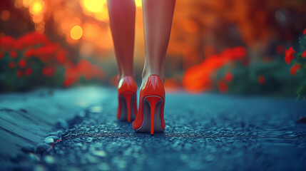A girl with slender legs walks in high-heeled shoes along a city street, embodying grace and style, embodying an atmosphere of confidence and elegance - obrazy, fototapety, plakaty