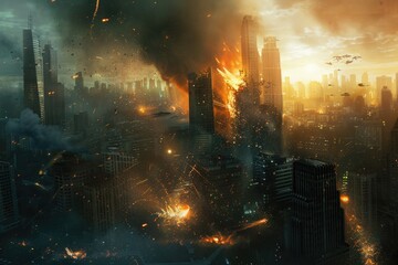 A city engulfed in flames, with smoke billowing out. Suitable for disaster or emergency preparedness concepts