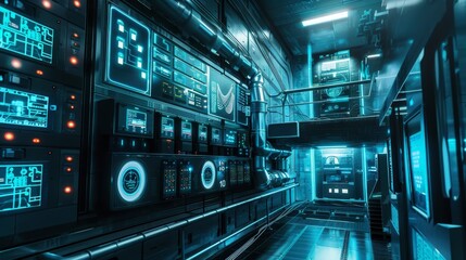 Obraz premium A futuristic room with many computer monitors and a large screen