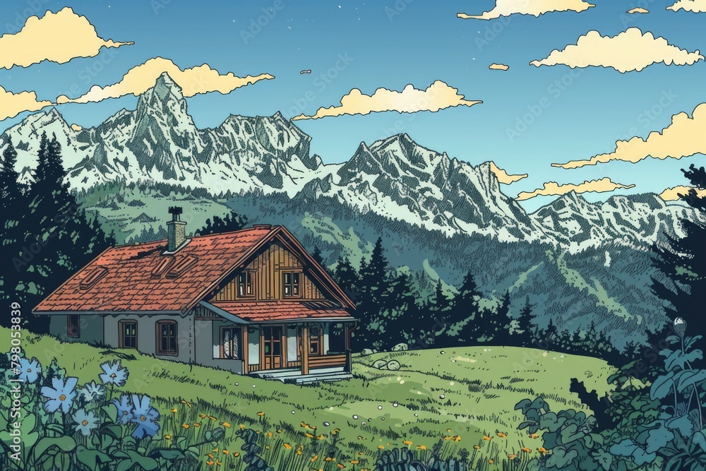 Poster a serene image of a house surrounded by a vast field with majestic mountains in the background. perf