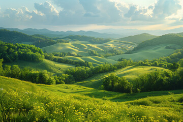 landscape with beautiful green rolling hills with trees and blooming yellow flowers in springtime, idyllic countryside scenery, photorealistic // ai-generated 