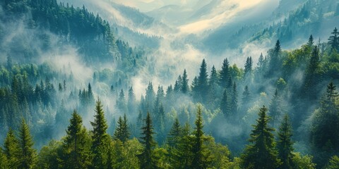 A breathtaking view of a dense forest with fog rolling through it, against the backdrop of majestic...
