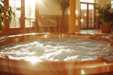 Luxurious hotel spa. tranquil scene of empty jacuzzi with inviting foamy bubbles