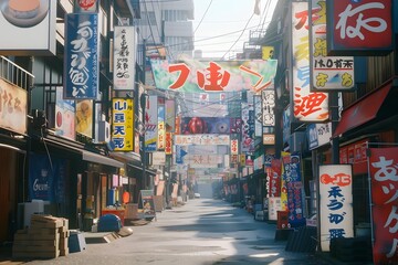 Fototapeta premium Vibrant Japanese Street Adorned with Colorful Signage and Billboards in Sunny Cityscape