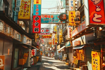 Fototapeta na wymiar Vibrant Japanese Street Adorned with Colorful Signs and Billboards in Bright Sunlight
