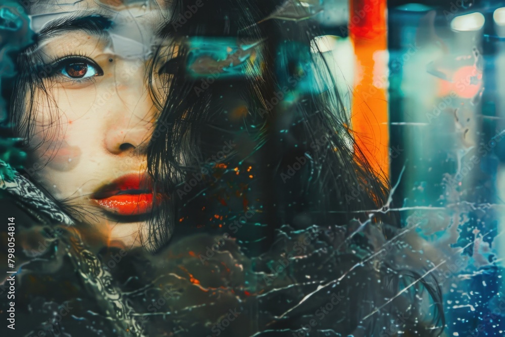 Poster close-up of a woman's face seen through a window. suitable for lifestyle and introspection concepts
