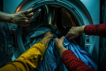 The hands of people are putting clothes into the washing machine for cleaning.