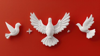 Three elegant white doves against a vibrant red backdrop. Ideal for various occasions and celebrations