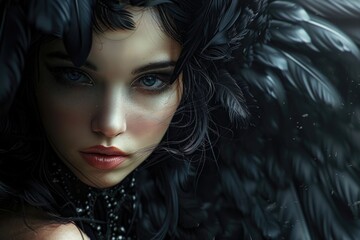 A close up of a woman with black feathers. Ideal for fashion or Halloween concepts