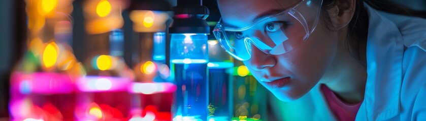Closeup of a scientist analyzing organic LED lights in different colors