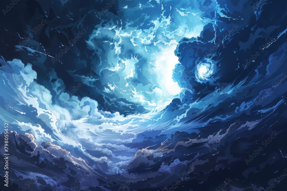 Poster a beautiful painting of a blue sky with fluffy clouds. suitable for various design projects