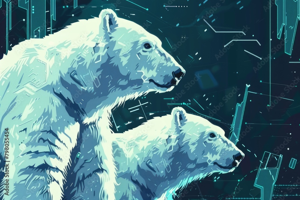 Poster two polar bears standing side by side. suitable for wildlife and conservation concepts