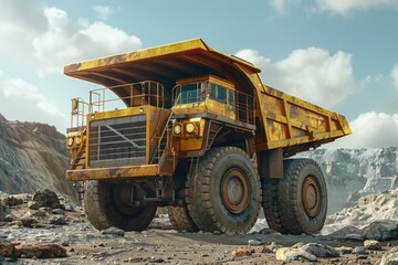 Heavy duty dump truck navigating rugged terrain. Ideal for construction and industrial concepts