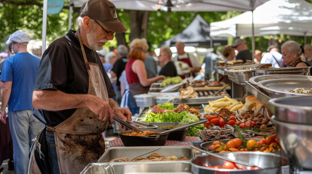 A middle-aged man standing in front of a buffet table laden with various dishes and food items