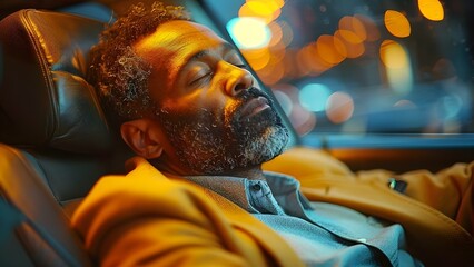 Exhausted cab driver napping in car seat during slow business hours. Concept Transportation, Working Conditions, Fatigue, Break Time, On-The-Job Rest - obrazy, fototapety, plakaty