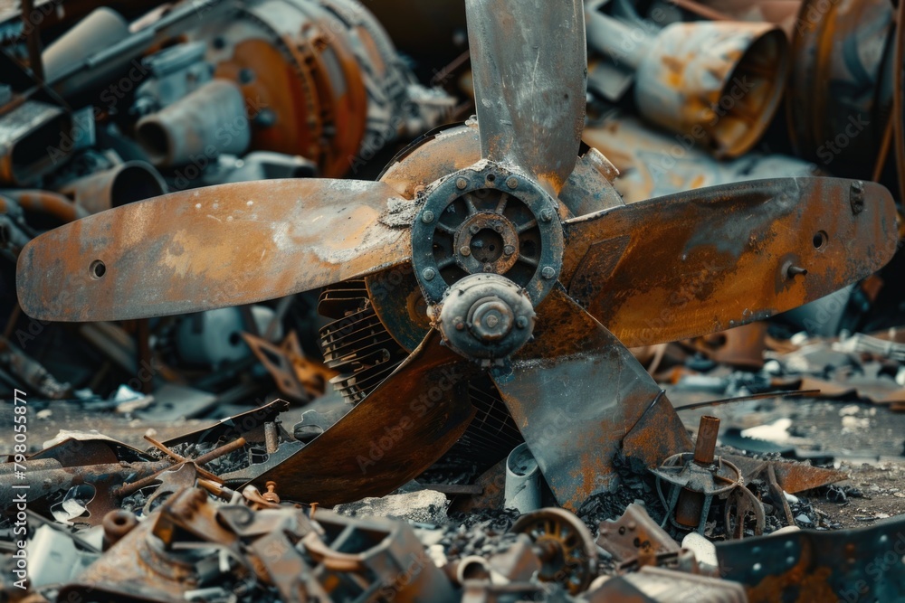 Aufkleber A rusted propeller surrounded by various junk items. Suitable for industrial or abandoned themes