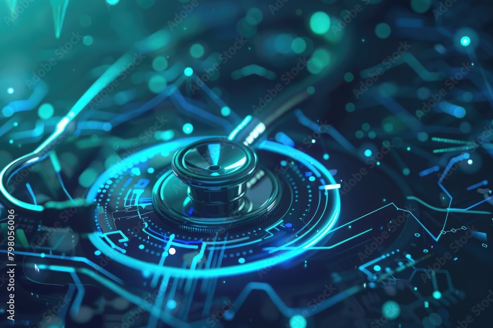 Poster detailed view of a computer circuit board with a stethoscope placed on top. ideal for technology or 