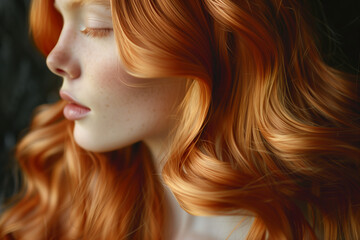 people of ai // beautiful redhaired girl with wavy hair, natural lighting, closeup, orangehaired, eyes closed, elegance, photorealistic // ai-generated 