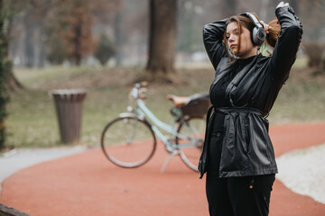Stylish young woman in a black outfit relaxes with music in a serene park setting, exuding...
