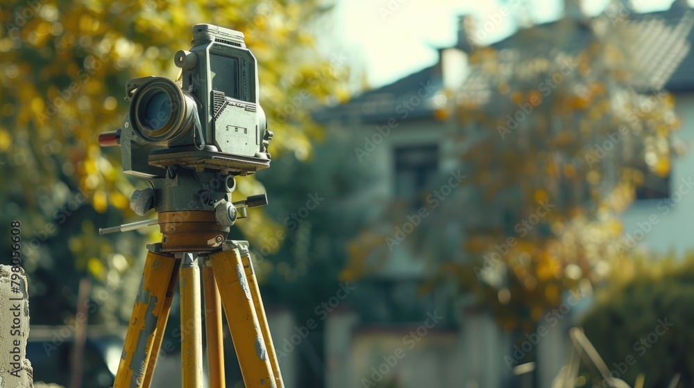 Poster a camera set up on a tripod outside a house. ideal for real estate or security concepts