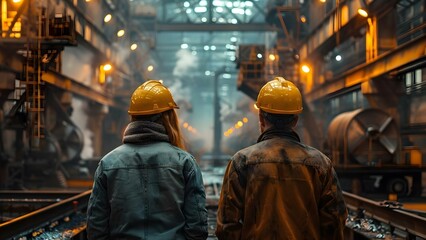 Two engineers inspecting machinery in a steel factory wearing hard hats. Concept Industrial Engineering, Machinery Inspection, Steel Factory, Hard Hats, Occupational Safety