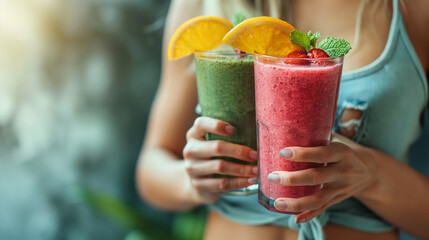 Healthy Smoothie. Fit Girl In Oversize Pants Holding Detox Smoothie. - obrazy, fototapety, plakaty