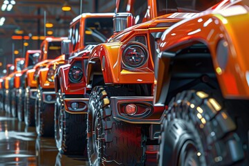 Fototapeta premium A row of orange trucks parked next to each other. Ideal for transportation and industrial concepts