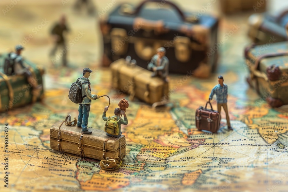 Poster tiny figurines of people standing on a map, ideal for travel concepts