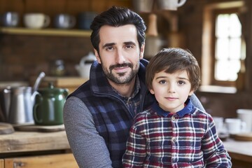 A man and a boy are posing for a picture in a kitchen
