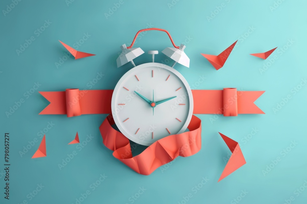 Poster A clock with a red ribbon around it. Can be used for time management concepts