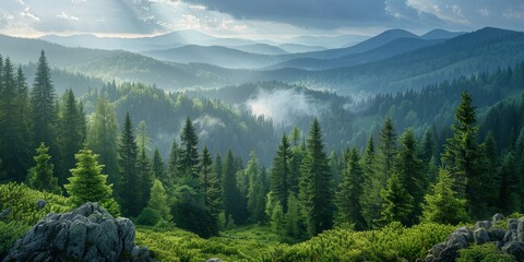 A breathtaking view of a dense forest with fog rolling through it, against the backdrop of majestic...