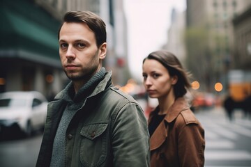 A man and a woman are standing on a city street