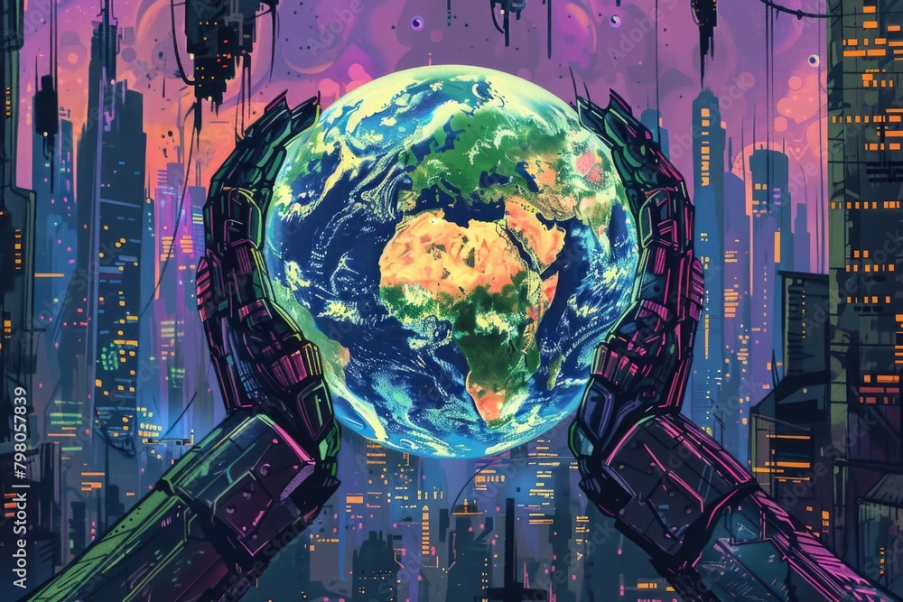 Poster a futuristic cityscape with the earth in the background. suitable for science fiction or technology 