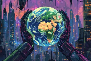 A futuristic cityscape with the earth in the background. Suitable for science fiction or technology concepts