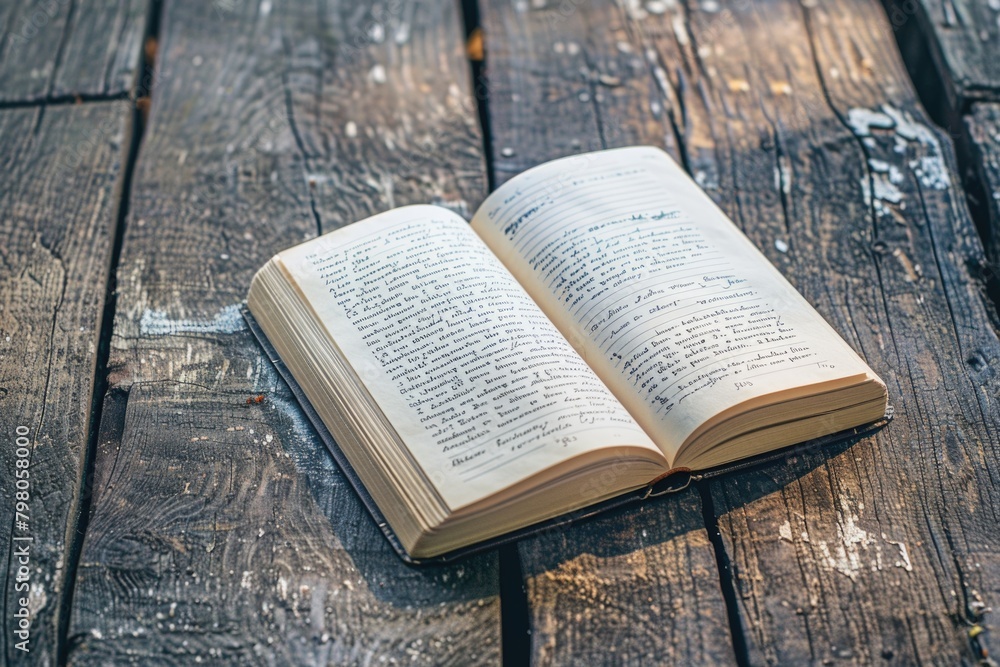 Poster An open book on a wooden table, suitable for educational and reading concepts