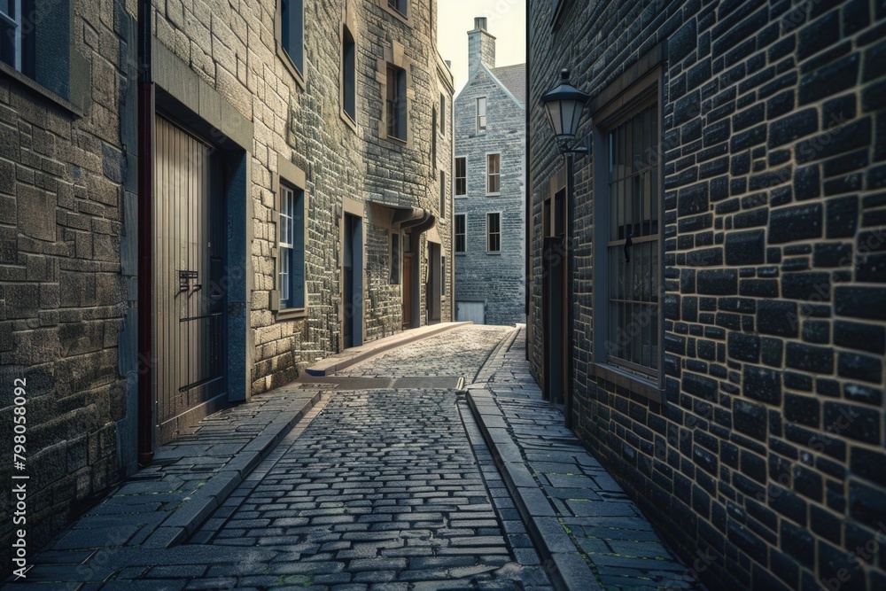 Poster a picturesque view of a narrow cobblestone street with a clock tower in the background. perfect for 