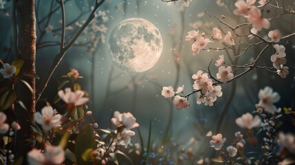 Illustrate a tranquil forest glen bathed in the soft light of a full moon. Scatter peach blossoms among the trees, their delicate petals glowing softly in the moonlight - obrazy, fototapety, plakaty