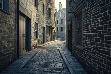 Fototapeta premium A picturesque view of a narrow cobblestone street with a clock tower in the background. Perfect for travel and historical themes