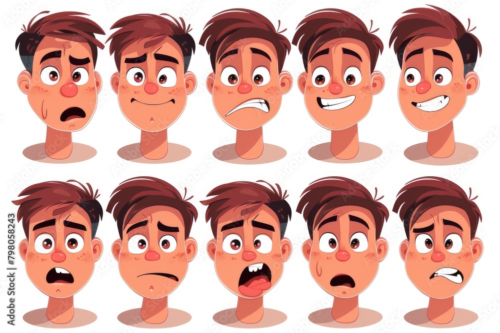 Poster collection of cartoon faces of a man showing various expressions, suitable for illustrating emotions
