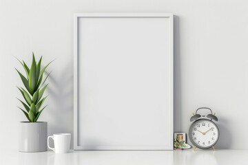 Mock up empty frame, round wall clock, two stickers and cup on white background.