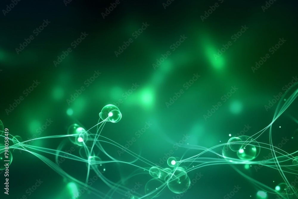 Poster create an abstract background image of glowing green and blue spheres connected by thin glowing line