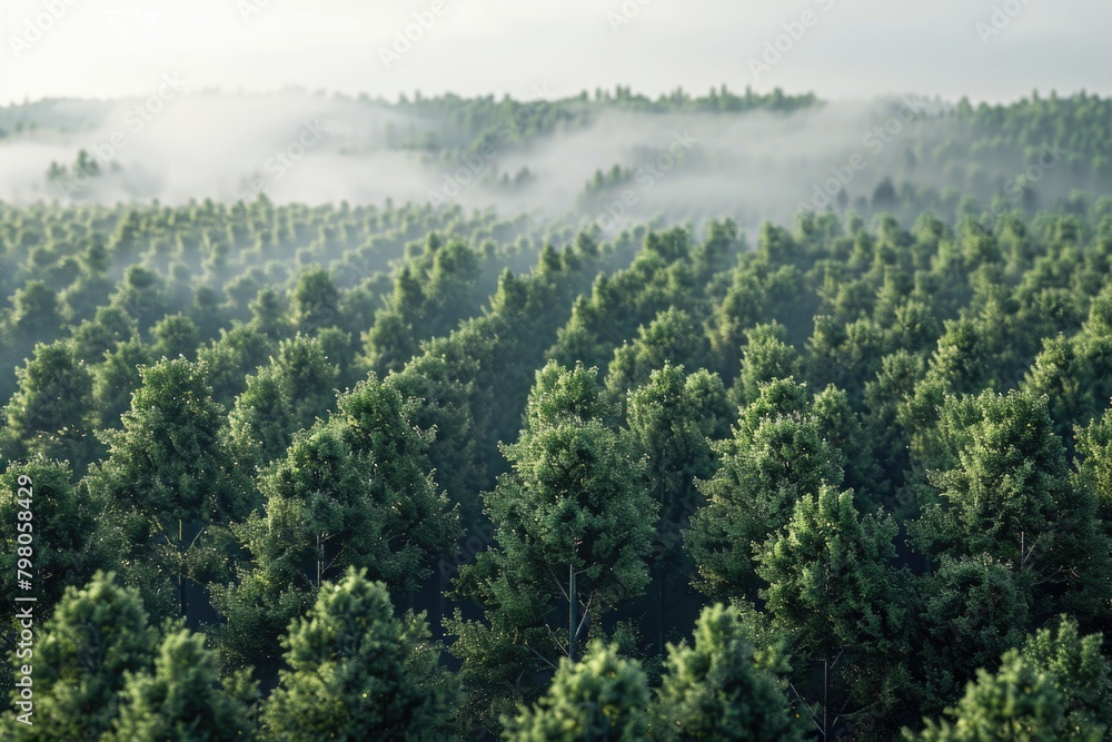 Aufkleber Pine forest with fog in the background. Suitable for nature and landscape themes