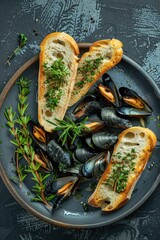 Fresh mussels and bread on a wooden table, perfect for seafood restaurant menus