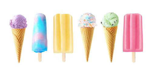 Set of unique summer popsicle and ice cream desserts isolated on a white background. Pastel colors....