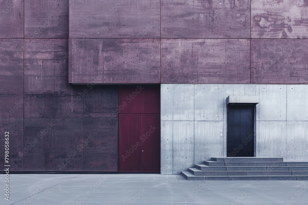 Poster A red door and steps in front of a building. Suitable for real estate or architecture concepts