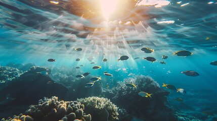 Underwater view of a coral reef with many tropical fish. - obrazy, fototapety, plakaty